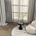 Light Gray Sheer Curtains By Window With White Chair Wooden Floor And Green Plant