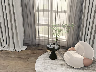 Light Gray Sheer Curtains By Window With White Chair Wooden Floor And Green Plant 3d model