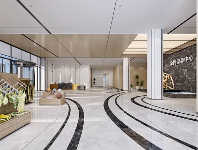 Modern Elegant Shop Front Desk Area With Marble Counter Top Lighting And Green Plants 3d model