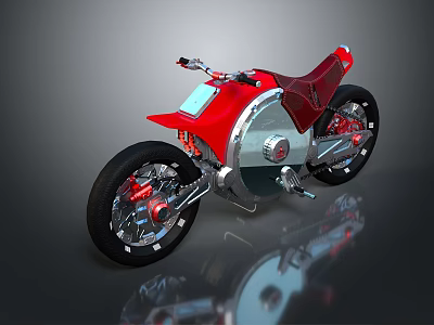 Red Futuristic Motorcycle With Silver Frame Red Seat Black Tires And Surface Reflection 3d model