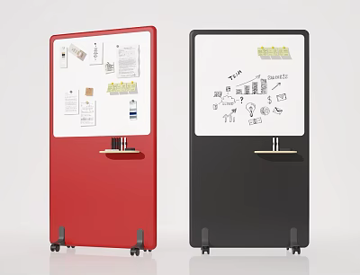 Mobile Whiteboard Display with Red and Black Frames Notes Drawings and Rolling Wheels 3d model