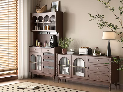 Elegant Home Sideboard With Tall Cabinet Glass Doors Drawers Decorative Items And Green Plants 3d model