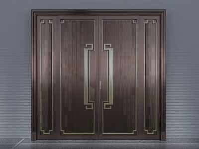Elegant Dark Brown Metal Double Door With Decorative Lines And Ornate Handles 3d model