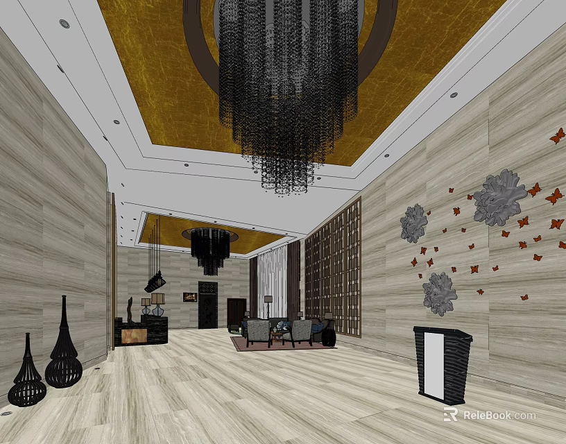 Hotel Lobby Interior Design With Golden Ceiling Chandelier Wooden Floor And Wall Decorations 3d model 