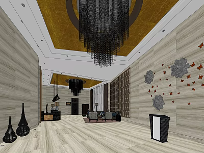 Hotel Lobby Interior Design With Golden Ceiling Chandelier Wooden Floor And Wall Decorations 3d model