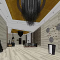 Hotel Lobby Interior Design With Golden Ceiling Chandelier Wooden Floor And Wall Decorations