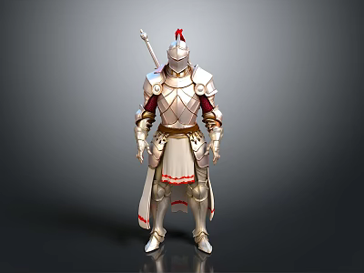Man In Medieval Silver Plated Armor With Red Accents And Spear 3d model