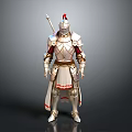 Man In Medieval Silver Plated Armor With Red Accents And Spear