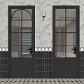 Black Grid Pattern Doors With Patterned Wallpaper Black White Tiles And Wall Lamp