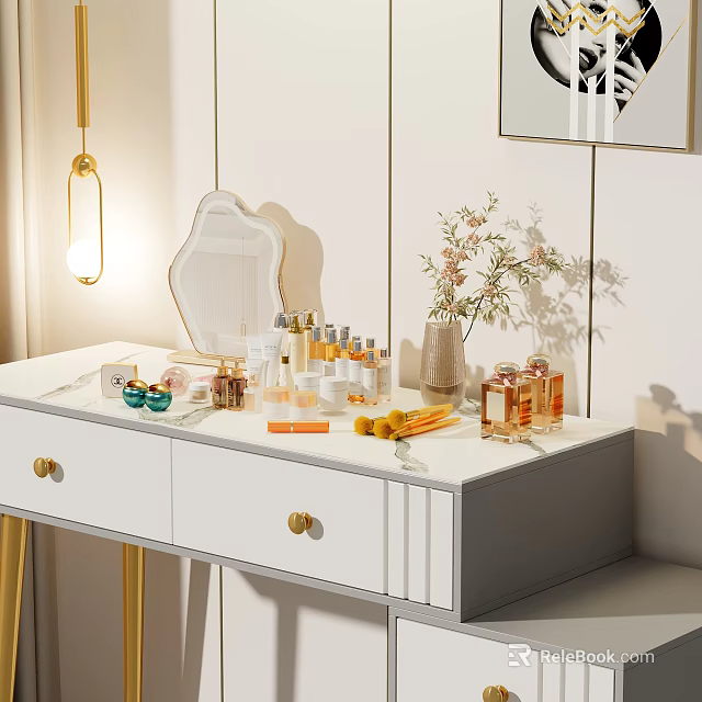 Modern White Dressing Table With Decorative Mirror Cosmetics Perfume Bottles Gold Lamp And Flower Vase 3d model 