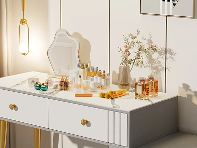 Modern White Dressing Table With Decorative Mirror Cosmetics Perfume Bottles Gold Lamp And Flower Vase 3d model