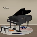 Stylish Piano Room With Black Grand Piano Stool And Round Rug On Wooden Floor