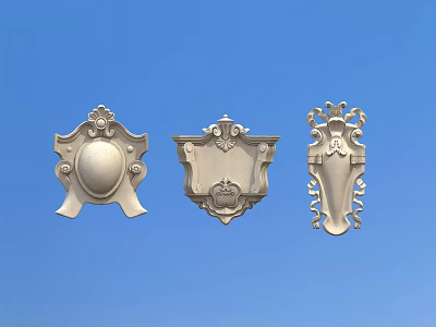Three Different Metallic Carved Decorations With Ornate Patterns On Blue Background 3d model