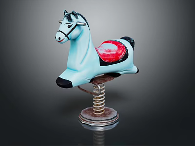 Building Blocks Rocking Horse Toy with Blue Body Red Saddle and Spring Base Design 3d model