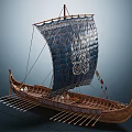 Ancient Wooden Boat With Blue Decorated Sail And Traditional Wooden Oars Structure