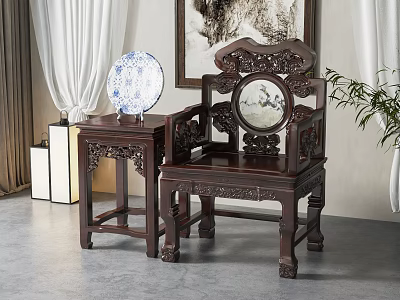 Traditional Chinese Carved Wooden Leisure Chair With Matching Side Table And Blue And White Plate 3d model