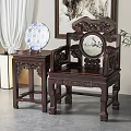 Traditional Chinese Carved Wooden Leisure Chair With Matching Side Table And Blue And White Plate