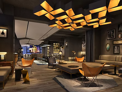Modern Restaurant Interior With Geometric Ceiling Lights Leather Chairs And Wooden Flooring 3d model