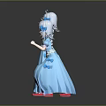 Game And Movie Character With Blue Long Dress Light Colored Hair Red Eyes And Bows