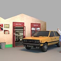 Nostalgic Vintage Art Installation with Brick Wall Old Street Signs Posters Bicycle and TV