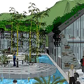 Boutique Guesthouse Building With Green Roof Courtyard Water Fountain Stone Walkways And Lush Plants