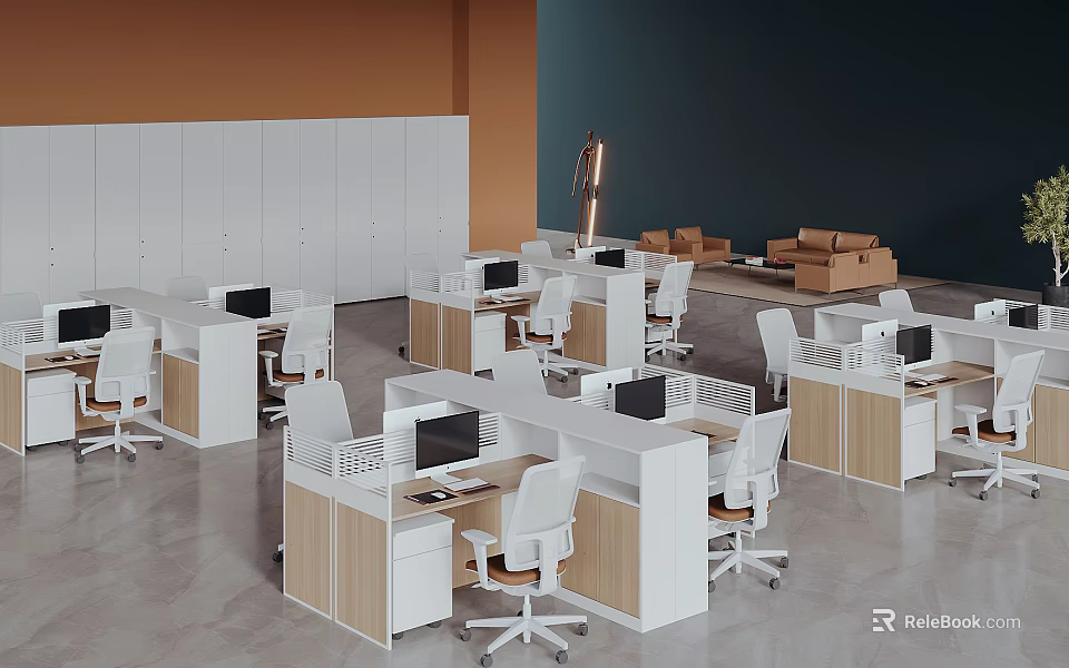 Modern White And Wooden Office Desks With Partitions Computers Chairs And Cartons In Workspace 3d model 