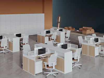 Modern White And Wooden Office Desks With Partitions Computers Chairs And Cartons In Workspace 3d model