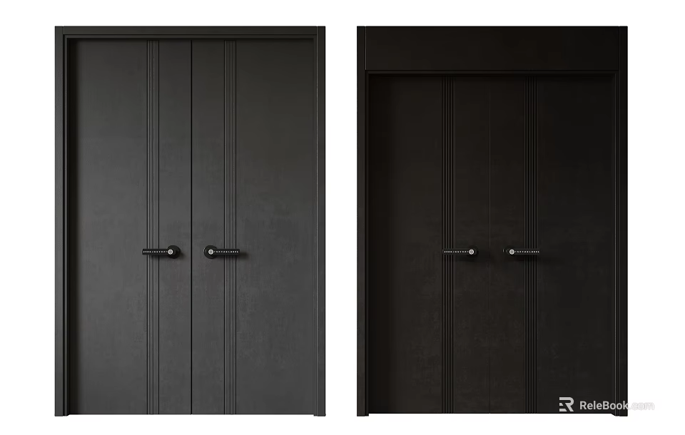 Black Wooden Double Doors With Vertical Panels And Metal Handles 3d model 