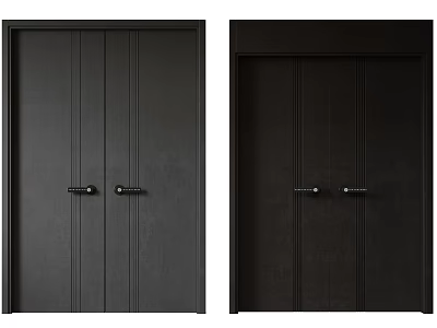 Black Wooden Double Doors With Vertical Panels And Metal Handles 3d model