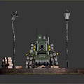 Green Military Model Tank with Street Lamps and Brick Decorations on Circular Base