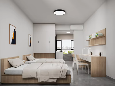 Modern Minimalist Bedroom Interior With Twin Beds Wooden Desk And Shelves 3d model