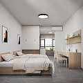 Modern Minimalist Bedroom Interior With Twin Beds Wooden Desk And Shelves