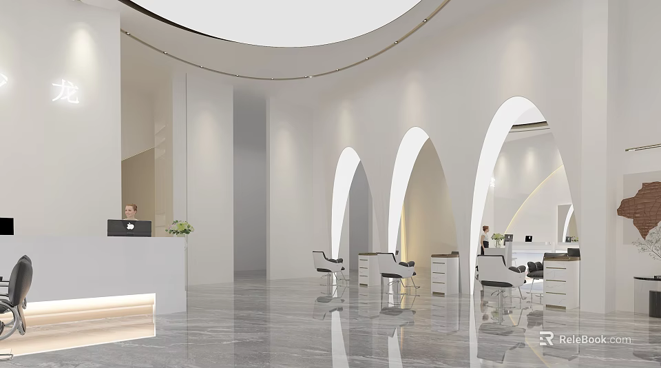 Modern Elegant Hair Salon Interior With Arch Design Styling Chairs Reception Desk And Marble Floor 3d model 