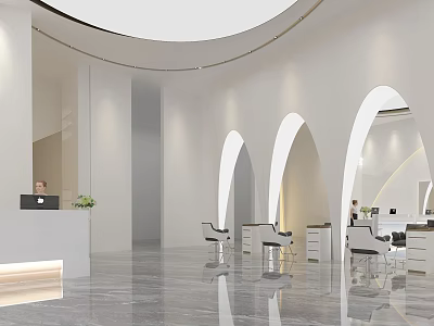 Modern Elegant Hair Salon Interior With Arch Design Styling Chairs Reception Desk And Marble Floor 3d model