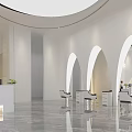 Modern Elegant Hair Salon Interior With Arch Design Styling Chairs Reception Desk And Marble Floor
