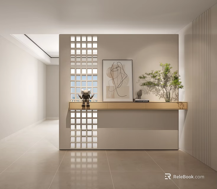 Modern Foyer With Grid Partition Artwork And Greenery 3d model