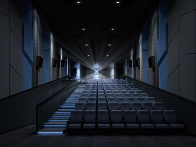 Cinema Hall Interior With Tiered Seats Staircase Ceiling Lighting And Wall Speakers 3d model
