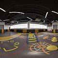 Indoor Kids Play Space With Colorful Equipment Arch Blocks And Yellow Black Floor Patterns