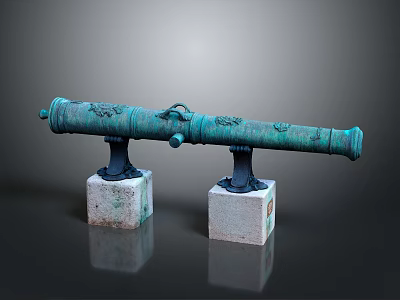 Antique Brass Cannon With Green Patina On Stone Pedestals And Ornate Carvings 3d model