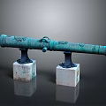 Antique Brass Cannon With Green Patina On Stone Pedestals And Ornate Carvings