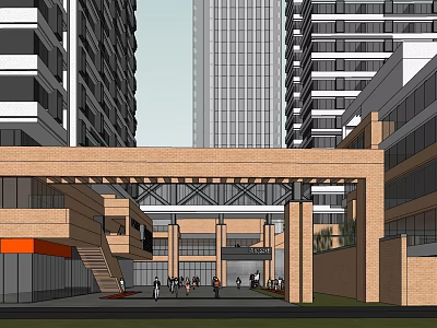 Modern Urban Entrance With Brick Archway High-rise Buildings And Pedestrians Around 3d model