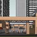 Modern Urban Entrance With Brick Archway High-rise Buildings And Pedestrians Around