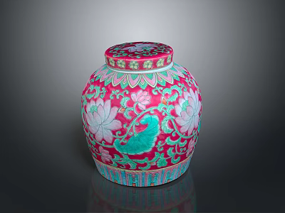 Pink Carved Ceramic Sculpture Vessel With Intricate Lotus Patterns And Green Decorations 3d model