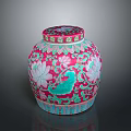 Pink Carved Ceramic Sculpture Vessel With Intricate Lotus Patterns And Green Decorations