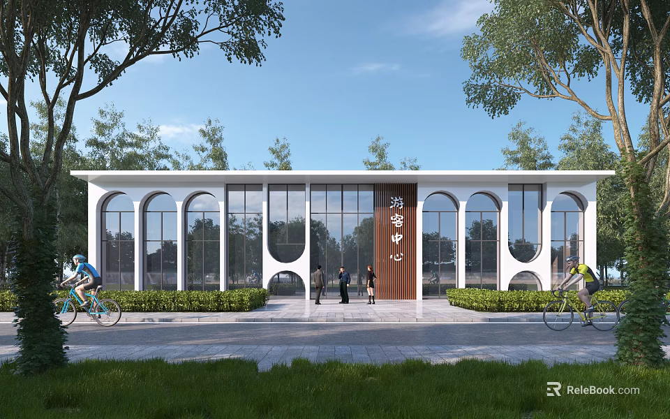 Modern Visitor Center With Arched Windows Wooden Door And Greenery Area For Pedestrians And Cyclists 3d model 
