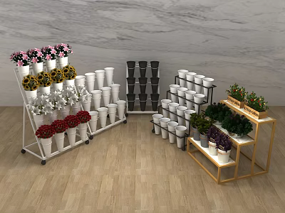 Colorful Garden Decor Display With Tiered Shelves And White Black Planters 3d model