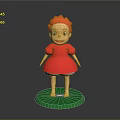 Cute Child Figure With Red Hair And Red Dress Standing On Green Base