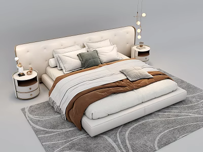 Modern Double Bed Bedroom Interior With White Headboard Bedside Tables And Decorative Pillows 3d model