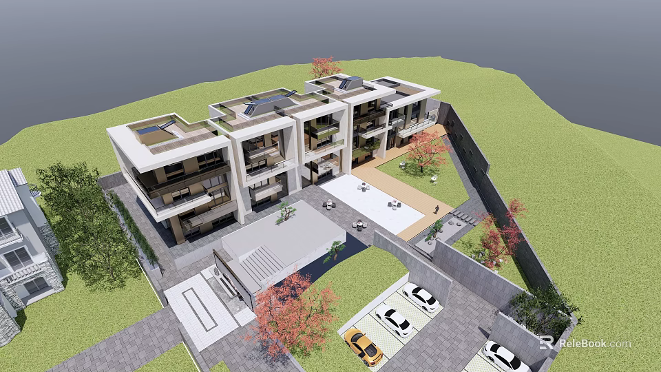 Modern Multi Storey Residential Building With Green Lawn Trees Parking And Courtyard 3d model 