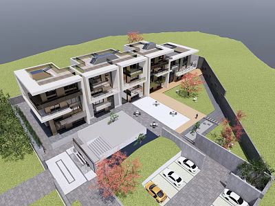 Modern Multi Storey Residential Building With Green Lawn Trees Parking And Courtyard 3d model